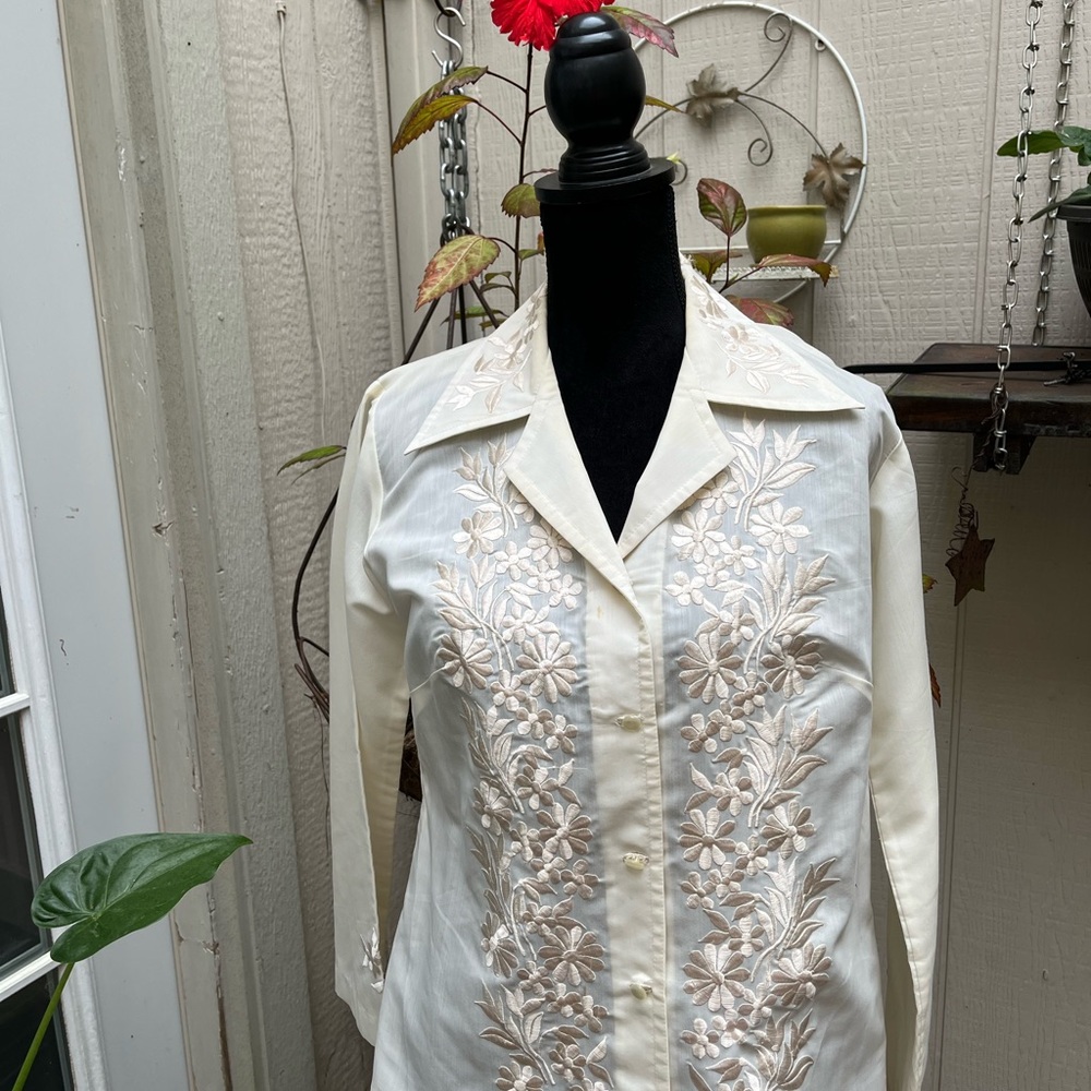 Elegant Cream Floral Embroidered Women's Top tailor made in Thailand